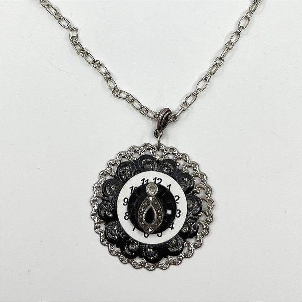 Vintage Steampunk‎ Watch Face Pendant Necklace Silver Tone Black White Retro Art